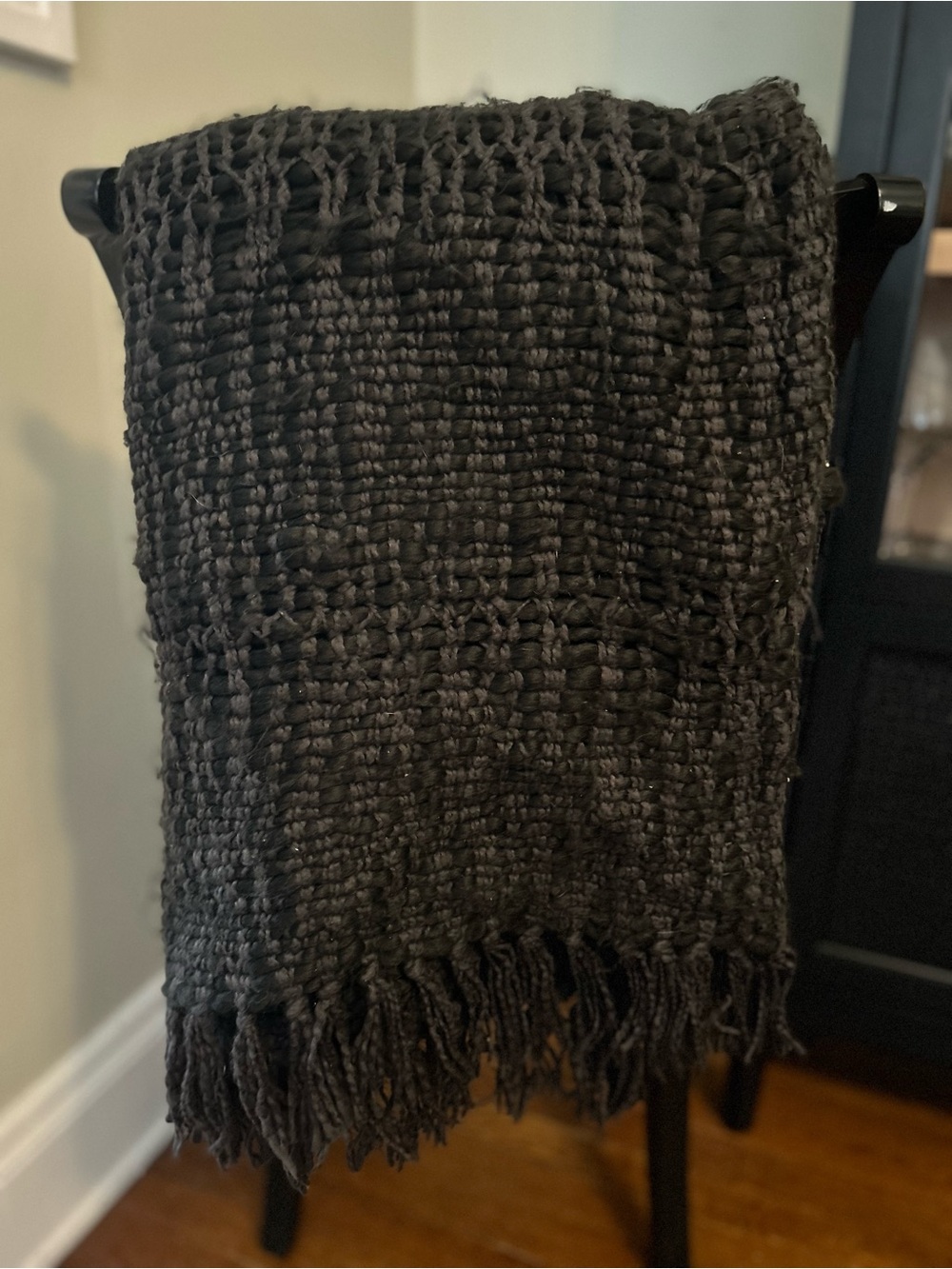 West Elm Black Chunky Knit Throw with Fringe